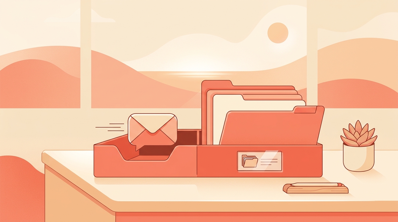 A message envelope sliding into a tray, with one folder set apart from the stack.
