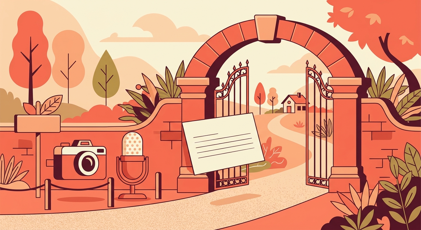 A text card passing a gate while a photo and microphone icon wait outside.