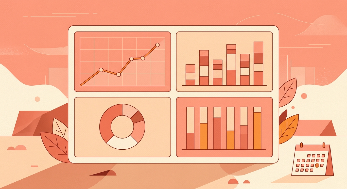A dashboard card with four panels and a calendar page.