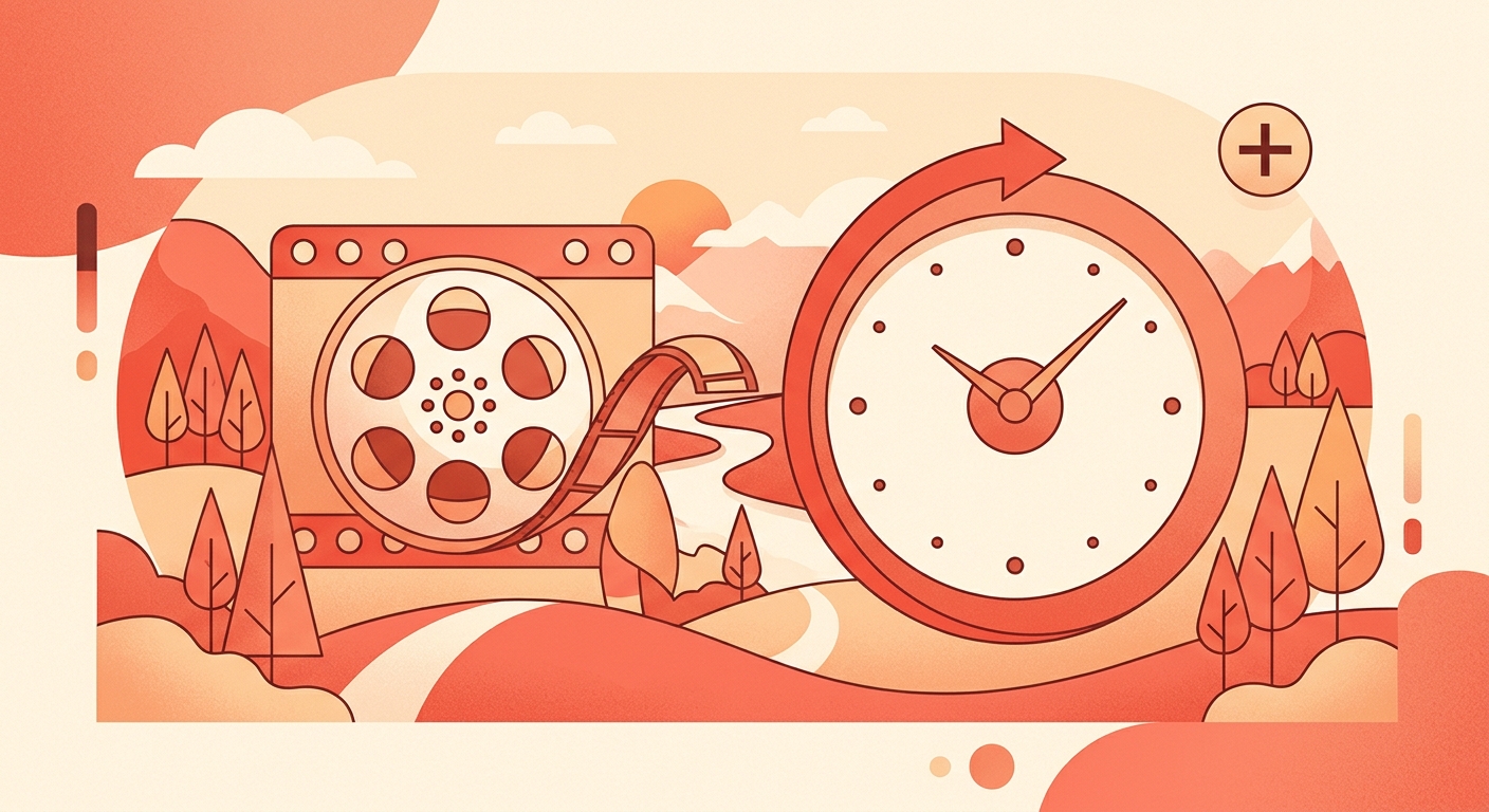A reel frame beside a clock with a looping arrow and a follow icon.