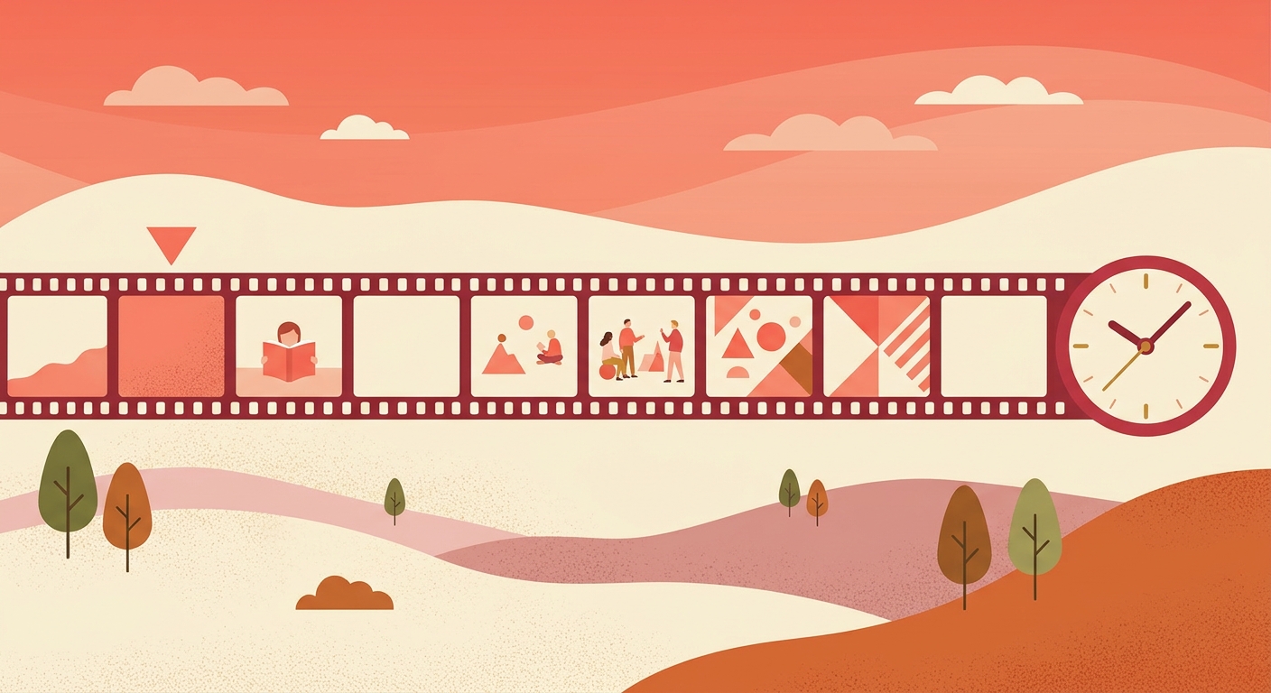 A long film strip with a clock at the far end.