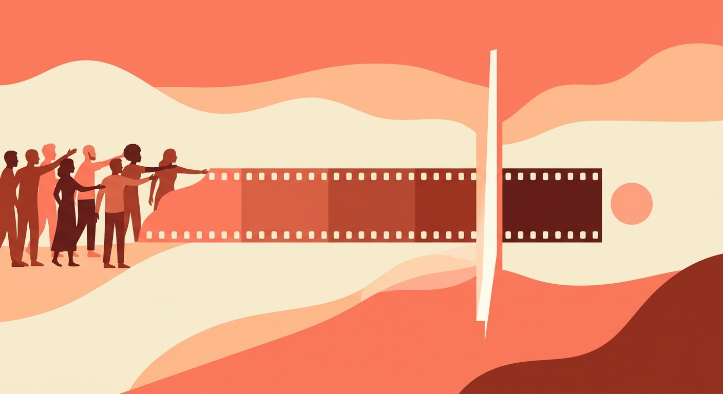A film strip split by a line, the left side reaching a group of people.