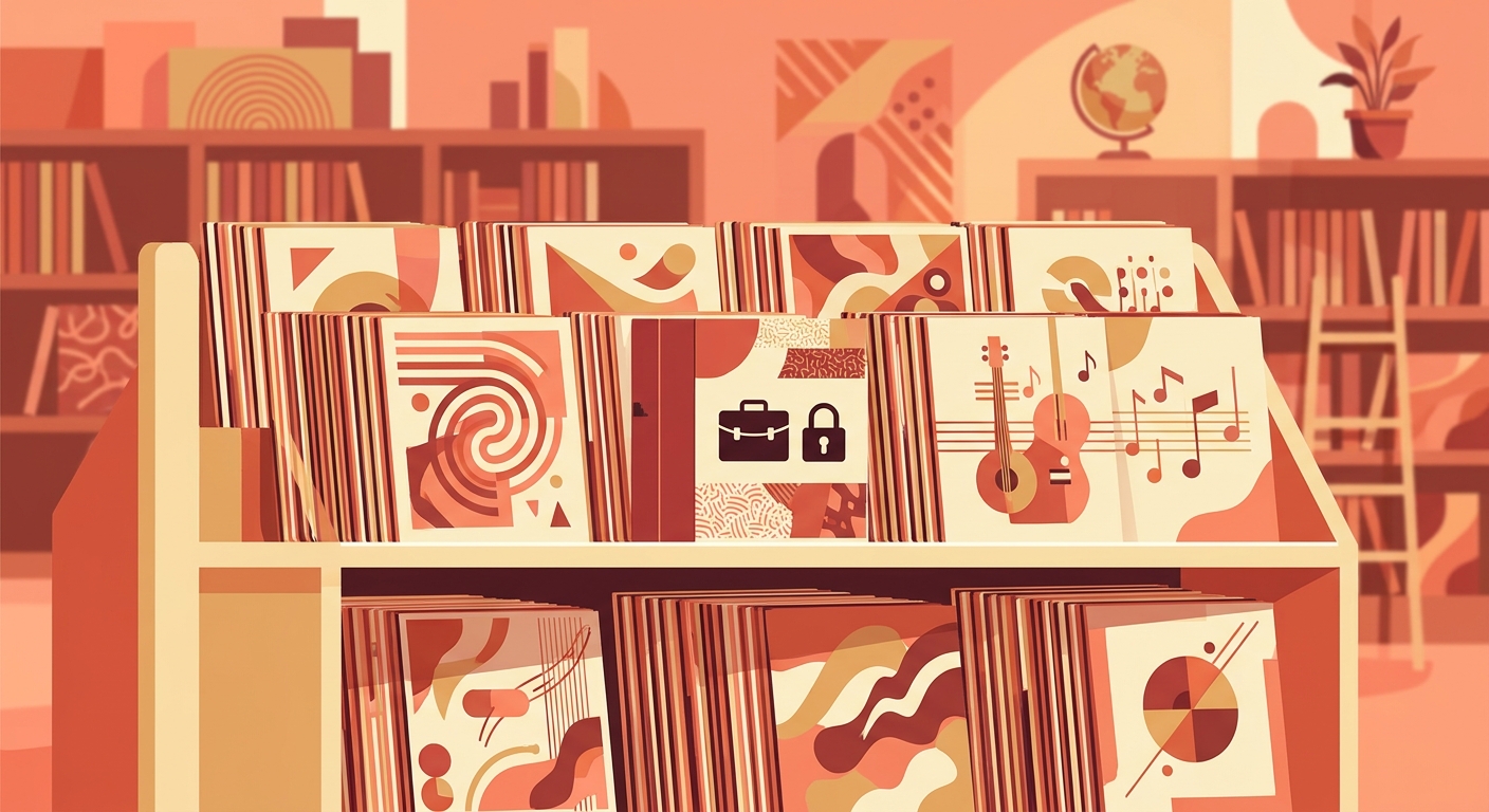 A music library shelf with a briefcase icon and a lock.