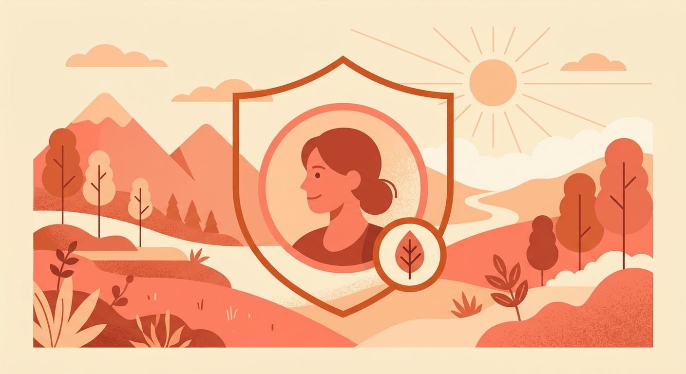 A profile avatar with a badge and a shield behind it.