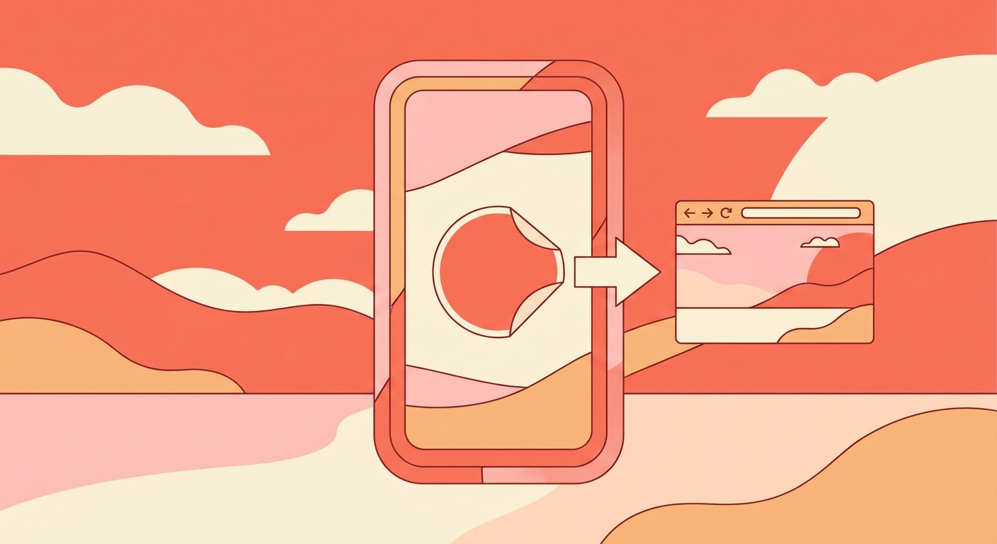 A Story frame with a sticker and a tap arrow to a browser window.