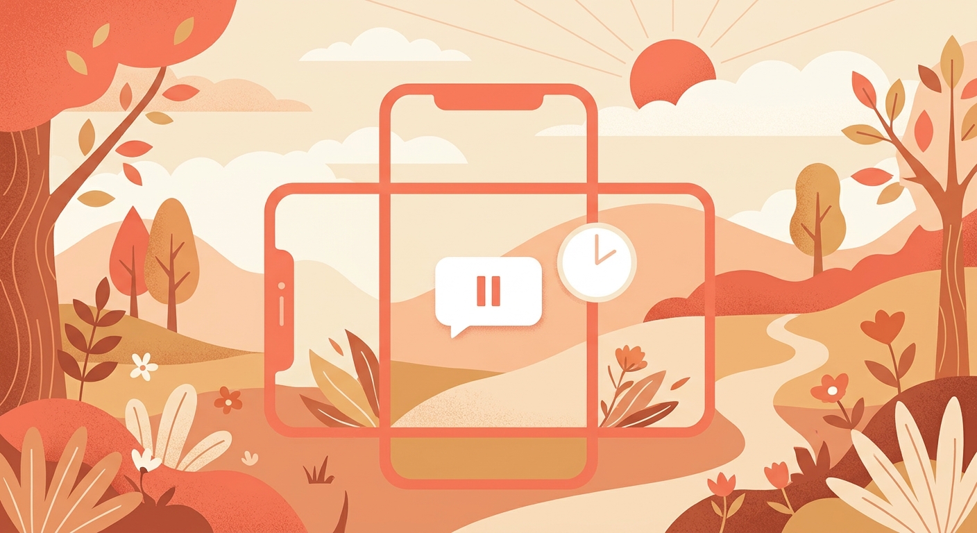 A phone with a pause symbol over a message bubble and a clock.