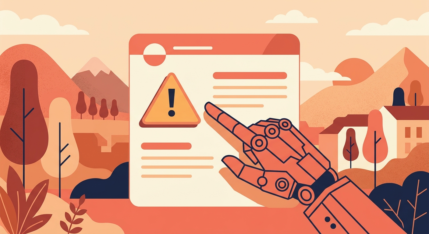 A profile card with a caution triangle and a robot-hand outline.