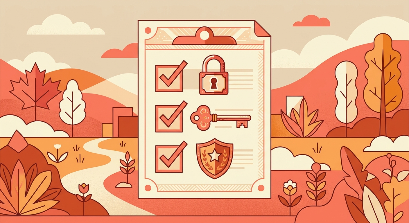 A checklist with a lock, a key and a shield, each ticked.